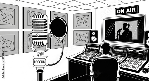 Recording Studio Setup with Microphone and Sound Engineer.