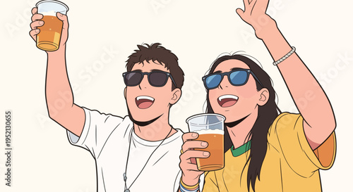 Friends raise drinks and cheer at a sunny outdoor gathering in summer