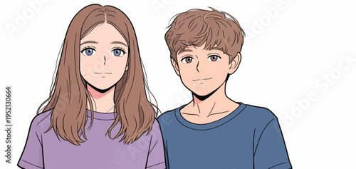 Young boy and girl stand together smiling in simple shirts against a plain background