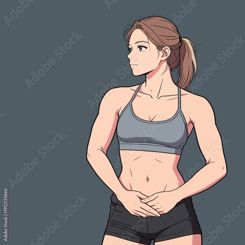 Strong woman standing confidently in workout gear with hands on hips in a solid background