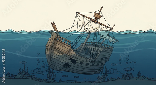 Sunken Shipwreck Illustration - A Lost Vessel Beneath the Waves.