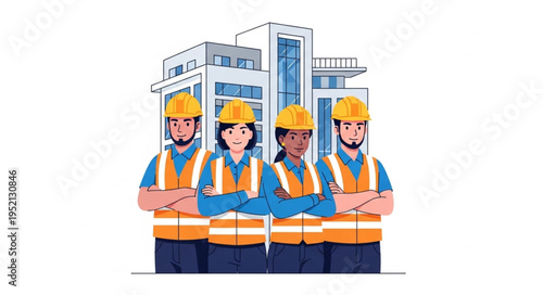 Construction Workers Standing Together In Front Of Building.