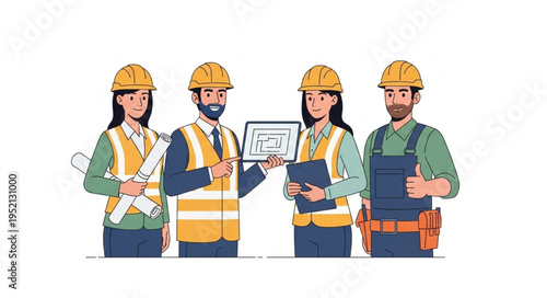 Diverse construction team collaborating on a project.