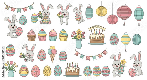 Easter Celebration Collection With Bunnies Eggs Cakes And Decorations.