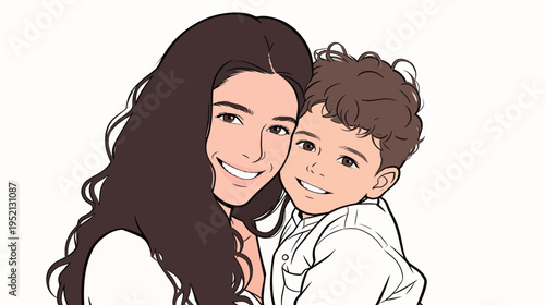 Mother holds child and smiles joyfully while posing for a close-up in a simple setting during daytime