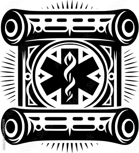 Symbol of Aid: A stylized emblem of medical assistance, the star of life and the Rod of Asclepius are prominently displayed against an ornamental backdrop.