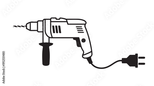A Detailed Line Art Icon of a Power Drill with a Plug and Cord, Representing Tools and Construction Projects in a Simple Black and White Illustration