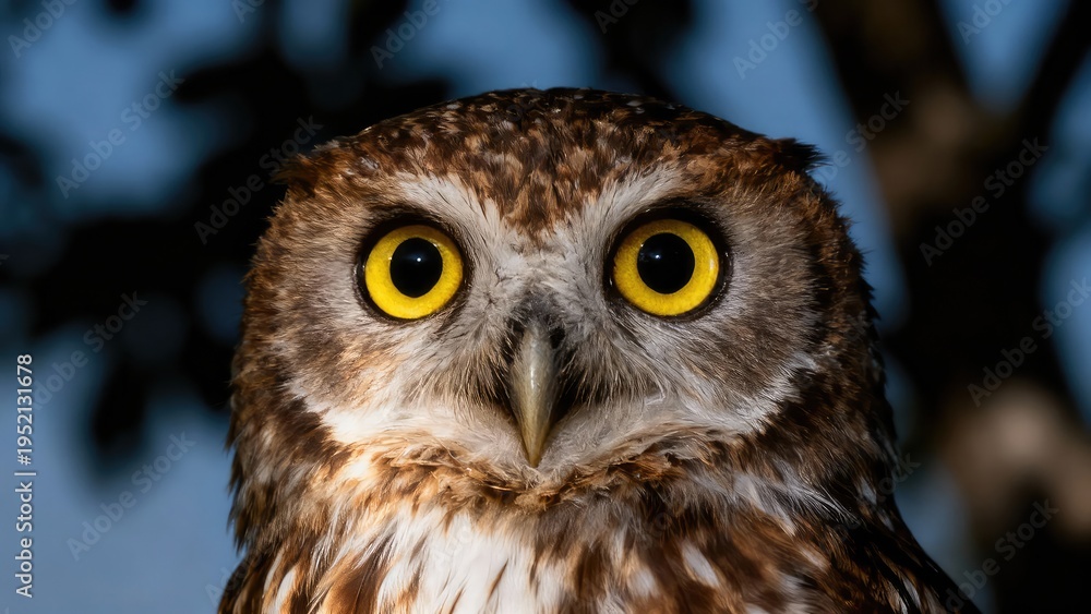 Fototapeta premium Silent Watcher: An owl gazes intently, its large, golden eyes gleaming with wisdom and mystery. This close-up captures the essence of this enigmatic creature, inviting us into its world.