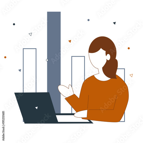 Vector graphics of a businesswoman engaged in data analysis and marketing