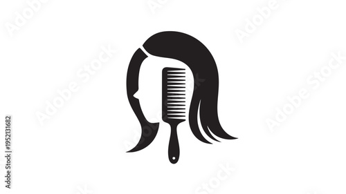 Elegant minimalist black and white logo design featuring a silhouette of a woman's head with a comb integrated into her hair, perfect for beauty salons and hair care brands