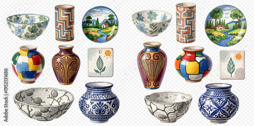 Set of various decorative ceramic pottery, including bowls, vases, and plates with unique patterns and designs.