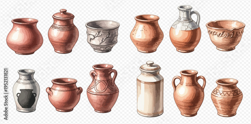 Set of ancient ceramic pots, jugs, and bowls in watercolor illustration style on transparent background.
