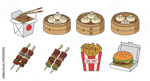 Collection of popular fast food items and takeout meals.