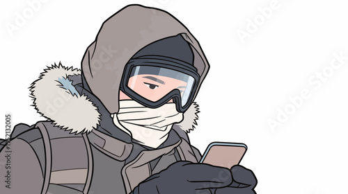 Person dressed warmly using phone in cold weather with snow gear and goggles in a winter setting