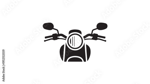 A sleek, minimalist black and white icon design featuring the front view of a retro scooter, ideal for modern graphic design and digital interface elements