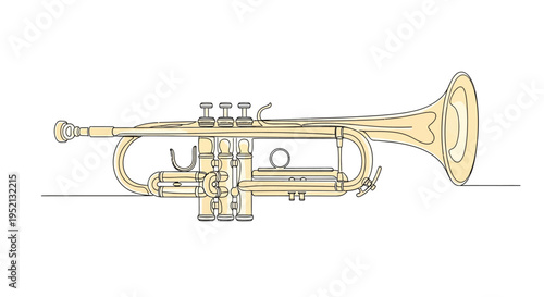 A detailed line drawing showcases a golden brass trumpet resting horizontally
