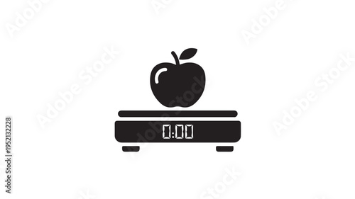 A stylized black and white vector illustration depicts an apple resting atop a digital kitchen scale, symbolizing healthy eating and weight management concepts