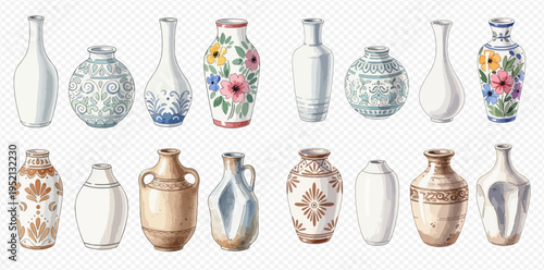 Collection of various decorative ceramic vases and pots with different shapes, patterns, and colors.