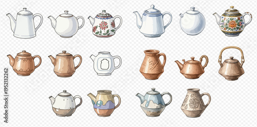 Collection of various vintage watercolor teapots and kettles, hand-drawn illustrations for tea time.