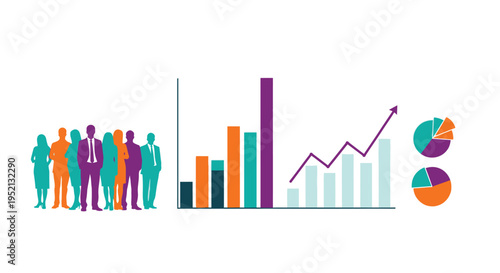 Business people and data visualizations showing growth and market share