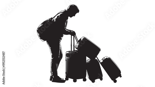 Monochromatic silhouette of a person struggling with an extensive pile of luggage, illustrating the common challenges and burdens associated with modern travel and relocation