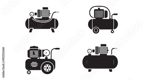Black and white icon illustrations of air compressors, presenting a diverse collection of industrial workshop equipment, perfect for pneumatic power tools