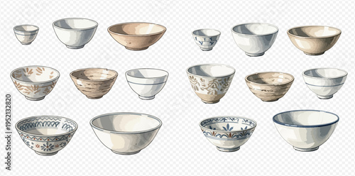 Collection of various ceramic bowls with different patterns and sizes, isolated on transparent background.