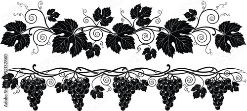 Elegant grapevine border collection with leaves and grape clusters, black ornamental vector illustration isolated for wine design, vintage decoration, and botanical pattern use