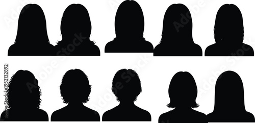 Female head silhouette collection with different hairstyles including long, short, curly and straight hair isolated on white background, women profile avatar set illustration concept