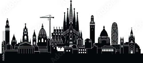 Barcelona Spain skyline silhouette featuring Sagrada Familia, Torre Glories and historic architecture landmarks isolated on white background for travel tourism design