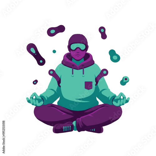 Person in futuristic VR goggles meditating in lotus pose, surrounded by abstract colorful shapes, representing mindfulness and technology