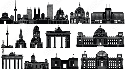 Berlin city skyline silhouette collection featuring famous landmarks like Brandenburg Gate and TV Tower, black vector illustration isolated for travel, architecture, and urban design