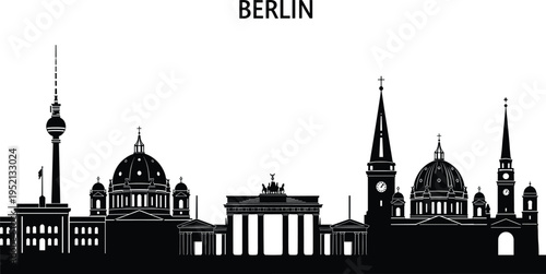 Berlin skyline silhouette featuring Brandenburg Gate, Berlin Cathedral and TV Tower forming iconic Germany cityscape isolated on light background for travel design