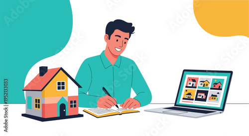 Home Real Estate: A man reviews real estate options. Featuring a man with laptop and house model.