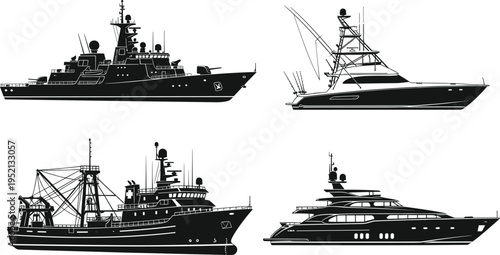Black silhouette illustration featuring diverse ships including military battleship, sport fishing yacht, commercial fishing trawler, and luxury yacht for maritime, nautical, and vessel design project