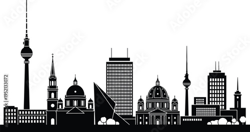 Black silhouette illustration of Berlin skyline featuring iconic landmarks including Fernsehturm TV Tower, Berlin Cathedral, and historic buildings for cultural, architectural, and design projects