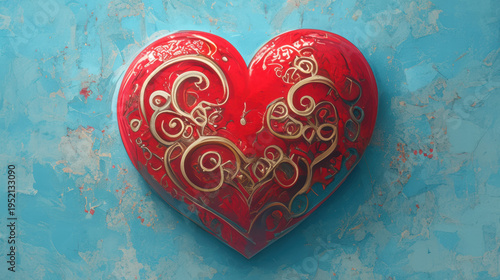 Vibrant red heart with intricate golden swirls against textured blue background evokes feelings of love and creativity