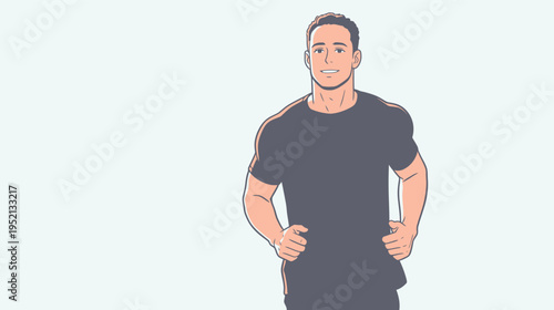 Man runs in a simple exercise pose in a modern indoor space during the day while promoting fitness and health awareness