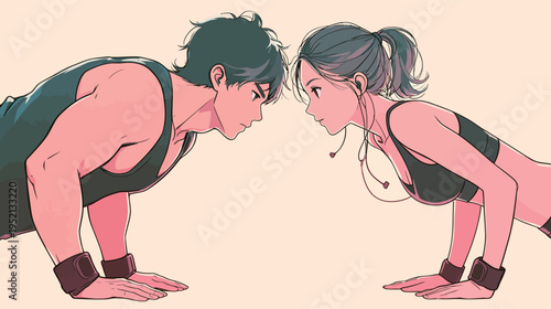 Two people doing push-ups during a workout session at a gym while focusing on each other