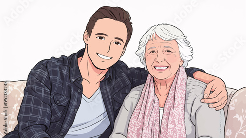 Young man sits with older woman on couch and smiles together for a moment in a cozy living room setting