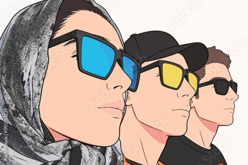 Three people wearing sunglasses look to the side in a simple setting with no distractions