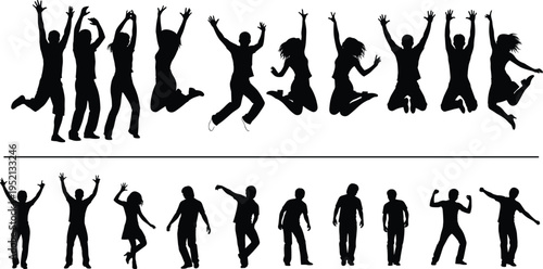 Black silhouette illustration of diverse people in energetic jumping poses and expressive standing or dancing stances for celebration, social, and design projects