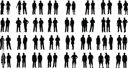 Black silhouette illustration of diverse pairs of people standing together in varied postures and attire for social interaction, demographic, and design projects