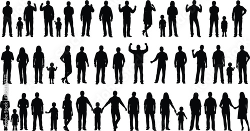 Black silhouette illustration of diverse people including adults and children in various poses such as standing, waving, flexing, and holding hands for social design projects