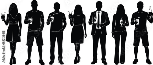 Black silhouette illustration of seven diverse individuals in casual and formal attire holding drinks for party, social event, and lifestyle design projects