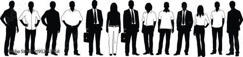 Black silhouette illustration of twelve diverse individuals in business and casual attire with briefcases and varied poses for workplace, team, and design projects