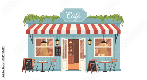 Cozy Cafe: Charming illustration of a welcoming cafe exterior with a vibrant red and white striped awning, inviting open doors, and outdoor seating arrangements.