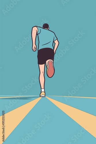 Runner heads down a track in bright colors during a sunny day in a city setting with no people around