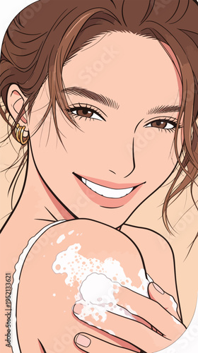 Woman smiles while applying soap on her shoulder in a bright bathroom setting during daytime