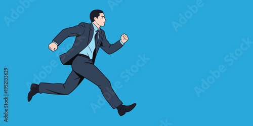 Businessman runs in a hurry on a bright blue background while wearing a suit and tie during a busy workday